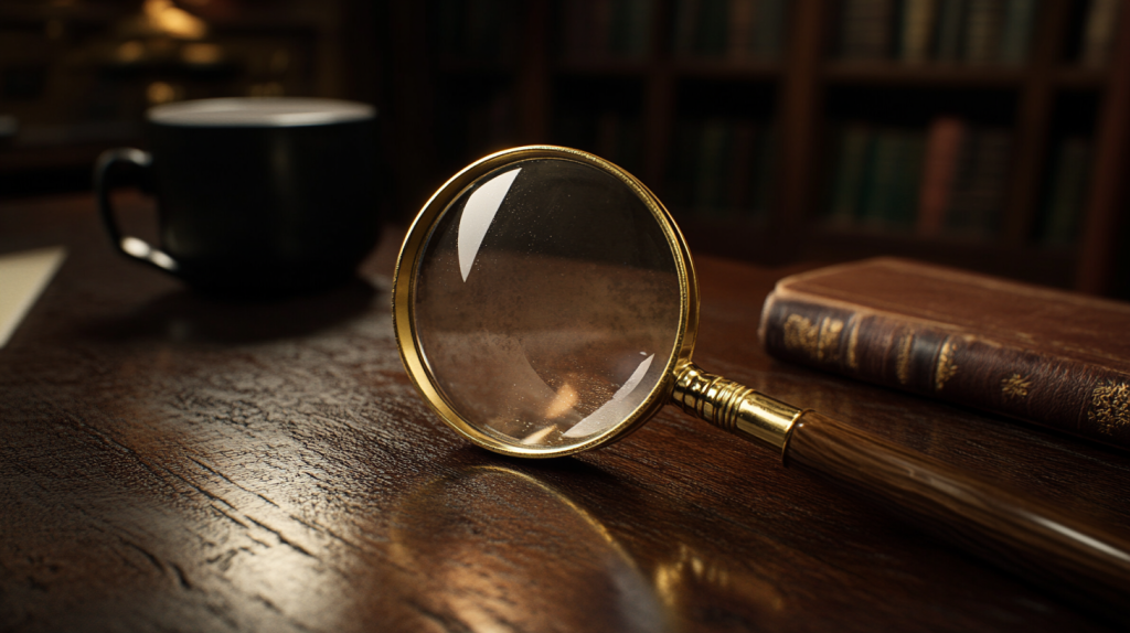 Brass magnifying glass on a dark wooden desk with warm directional light, representing close examination of TSP allocation patterns under BRS