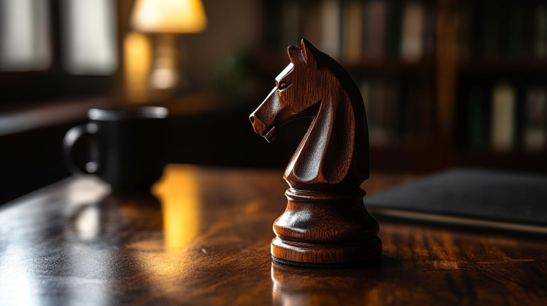Chess knight piece on a dark wooden desk with warm side lighting, representing strategic positioning in choosing the best TSP investment strategy