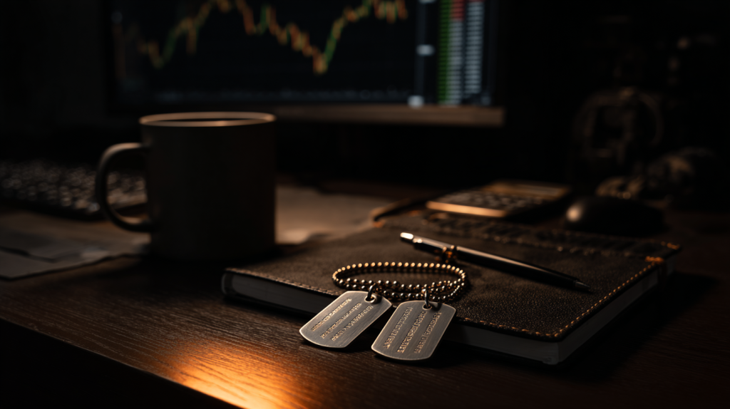 Military dog tags resting on a dark wooden desk next to a financial document, representing the blended retirement system pension change for BRS service members