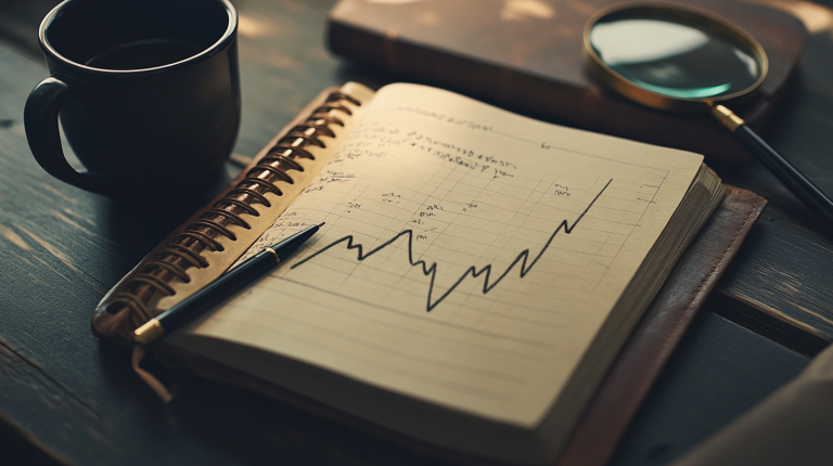 Printed financial chart on a dark wooden desk showing a long-term upward trend line with sharp drawdown dips, representing two decades of TSP C Fund performance data from 2004 through 2025