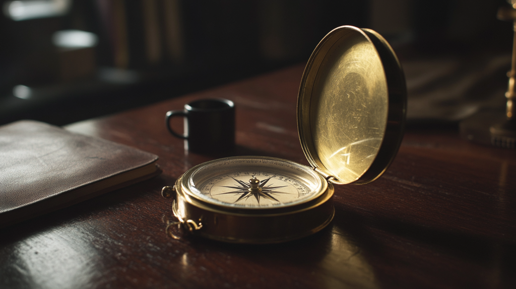 Brass pocket compass open on a dark wooden desk with warm gold light on the case rim, representing the Roth TSP vs Traditional TSP decision that shifts direction over a military career
