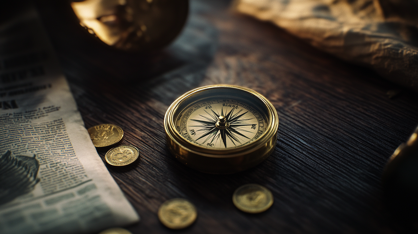 Vintage brass compass on a dark wooden desk with warm cinematic lighting, representing the shift in TSP G Fund rates and the importance of navigating allocation decisions based on timeline rather than current rate environment