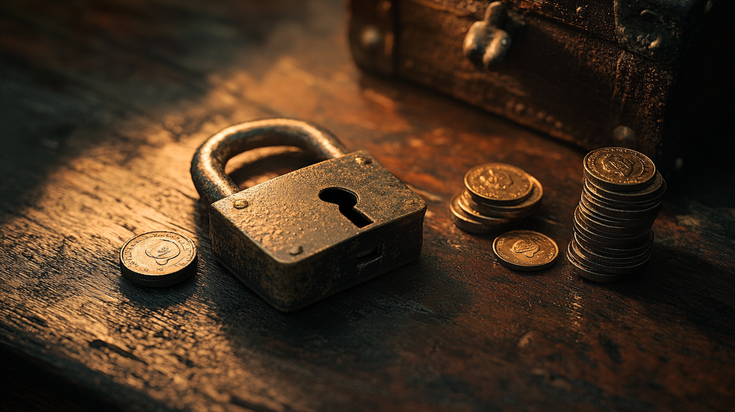 Antique brass padlock and small coin stacks on a dark wooden desk with warm cinematic lighting, representing the TSP G Fund's role as a capital preservation instrument for federal employees and service members
