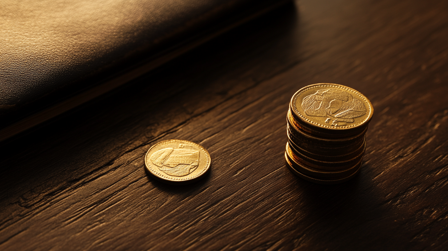 Stack of gold coins on a dark wooden desk with a single coin separated and left behind, representing the TSP matching military members leave unclaimed when contributing below 5% under the Blended Retirement System