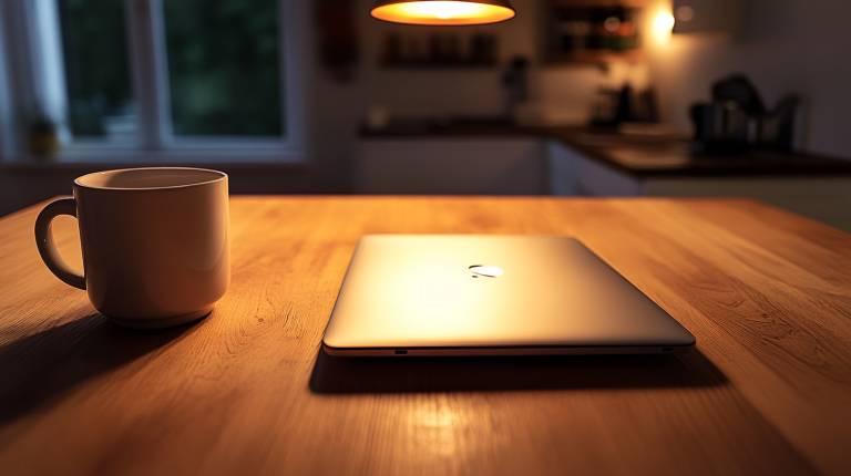 Closed silver laptop on a clean dining table next to a coffee mug under warm pendant light, representing a cash flow management system where the structure handles the work and the laptop can be closed