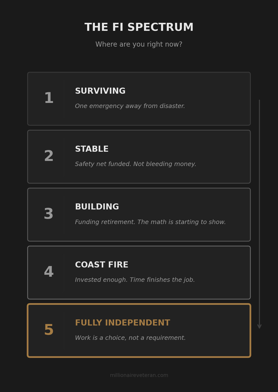 Infographic showing five stages of financial independence in vertical progression from Surviving at the bottom to Fully Independent at the top, each with a one-line description of what that stage feels like