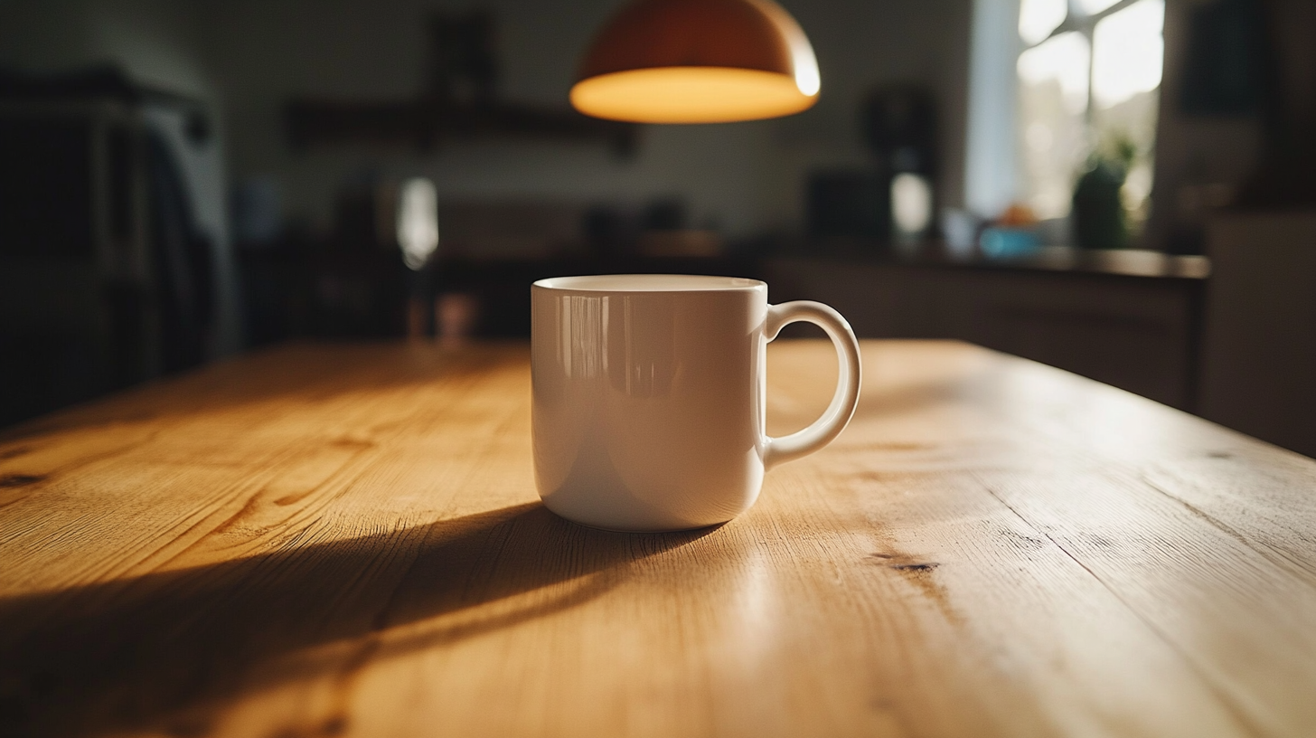 White ceramic coffee mug full of fresh coffee sitting alone on a clean dining table under warm pendant light, representing the Compass Method running quietly while the family just lives