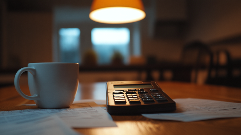 Calculator resting screen-away on a cluttered dining table next to scattered papers and a coffee mug under warm pendant light, representing the repeated attempts to stop living paycheck to paycheck by trying to make the numbers work