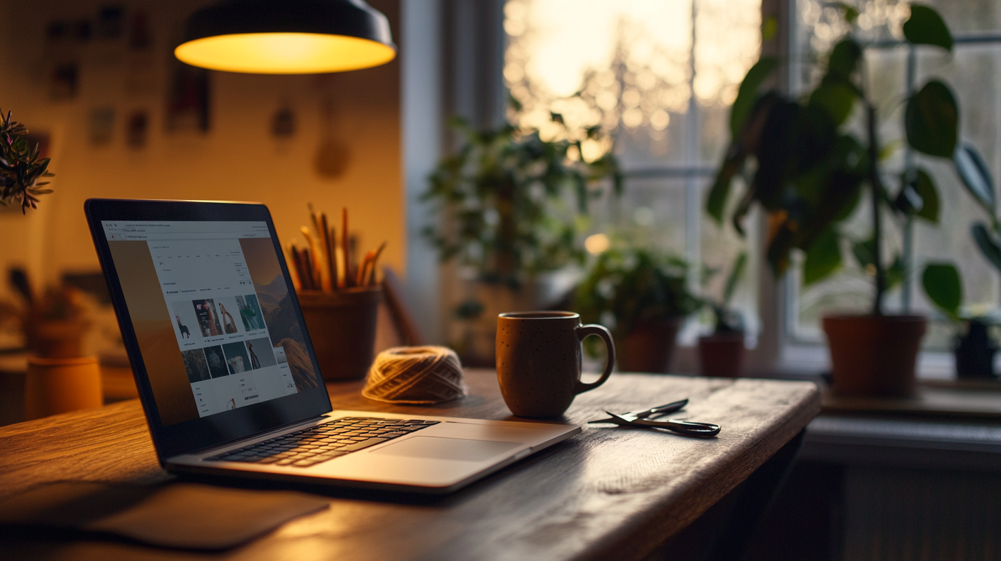 Open laptop displaying a storefront website on a dark wood crafting table with warm pendant lighting and craft supplies, representing the online business education landscape military families encounter when searching for ways to earn more income