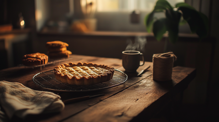 Wire cooling rack with fresh baked cookies and pie on a dark wood crafting table with warm pendant lighting, representing the learn it use it sell it model where every skill a military family builds pays twice