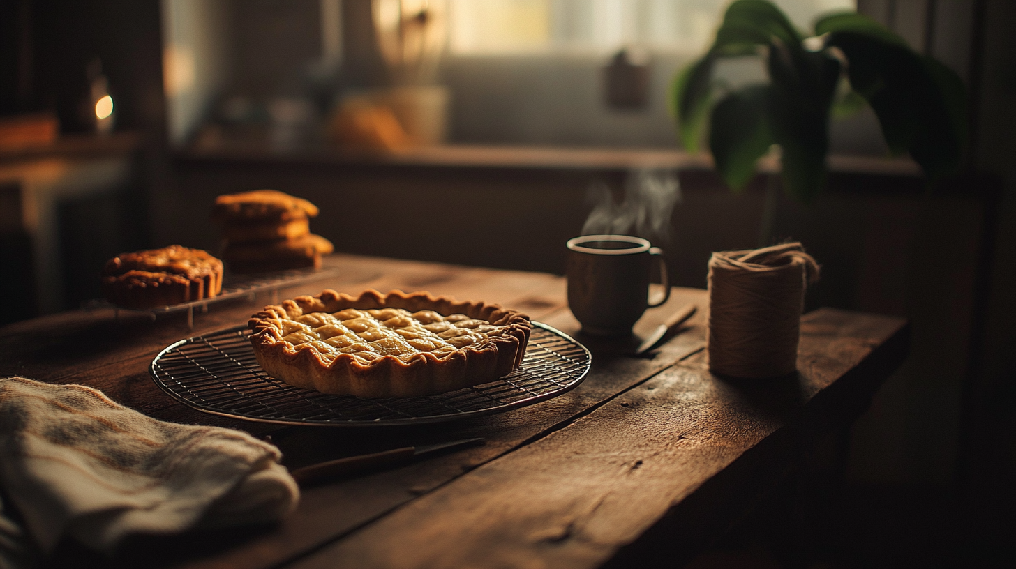 Wire cooling rack with fresh baked cookies and pie on a dark wood crafting table with warm pendant lighting, representing the learn it use it sell it model where every skill a military family builds pays twice