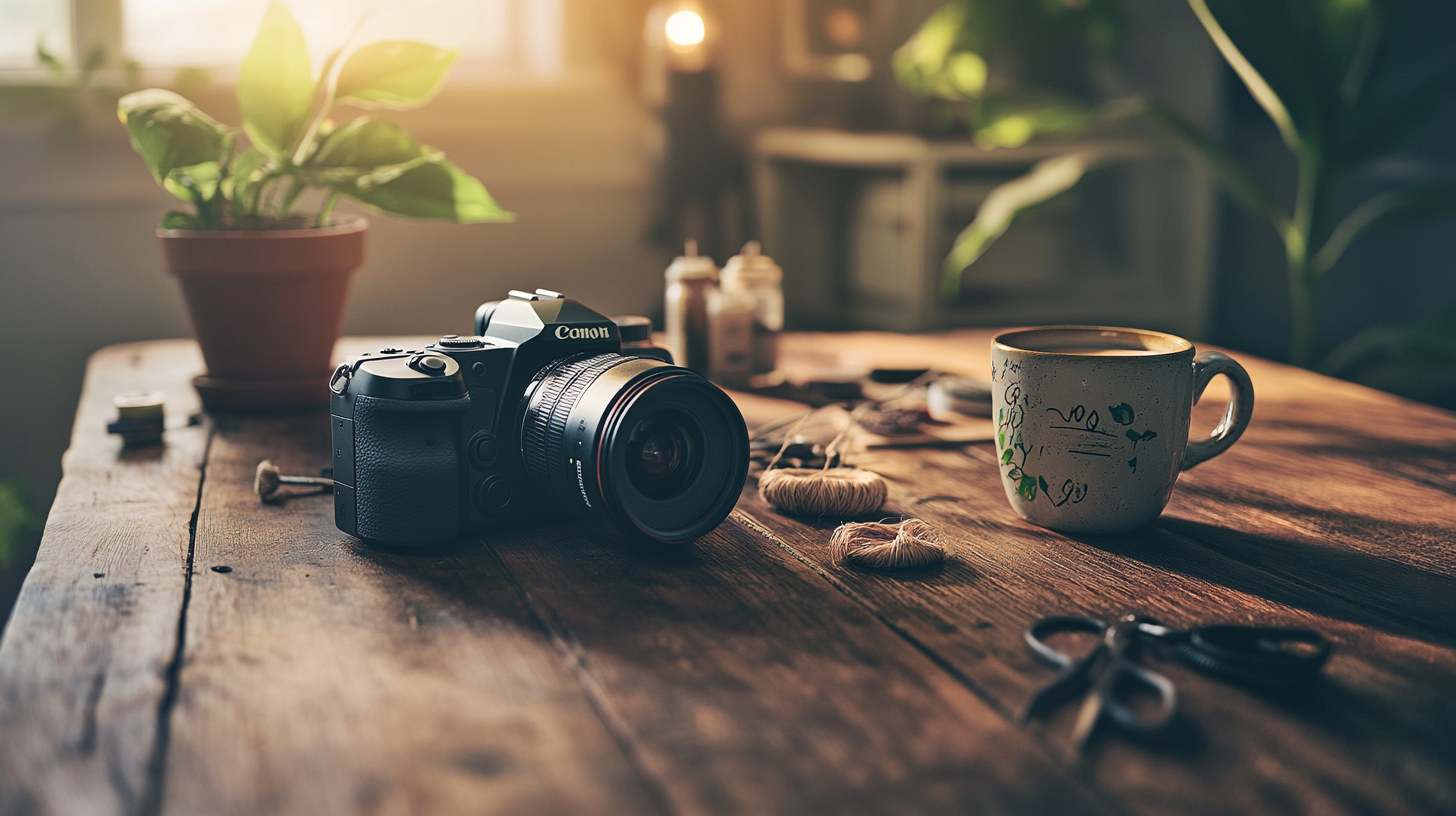 DSLR camera and craft supplies on a dark wood table with warm pendant lighting, representing the side income and creative work military families build to close the gap between military pay and full retirement funding