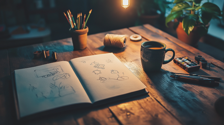 Open sketchbook with pencil illustrations and watercolor supplies on a dark wood crafting table with warm pendant lighting, representing the creative and strategic thinking behind the three business functions every business runs on
