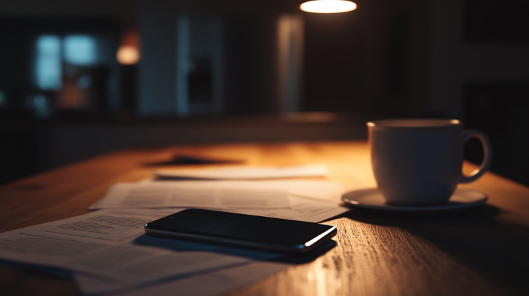 Smartphone face-down on a cluttered dining table next to scattered papers and a coffee mug under warm pendant light, representing the moment after checking the bank balance and not liking what you saw