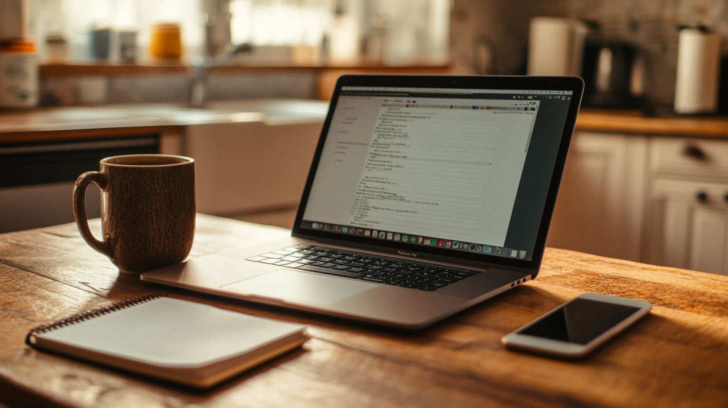 An open laptop on a warm walnut wood kitchen table in soft morning light, with a small notepad of handwritten client notes beside it, a smartphone face-up to its right, and a ceramic coffee mug at the top-right edge of the frame, suggesting the function business in its native habitat where the asset is the skill and the equipment is what was already on the table.