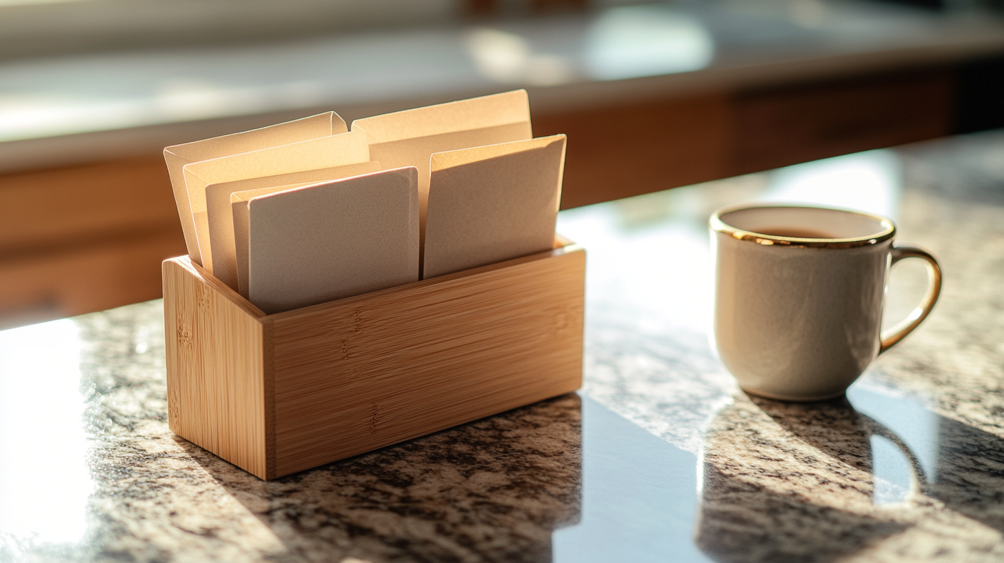 A small wooden organizer holding six labeled paper envelopes on a warm granite kitchen counter, with a single ceramic coffee mug to the right catching soft morning light, suggesting an ordered household where the cash flow architecture is in place.