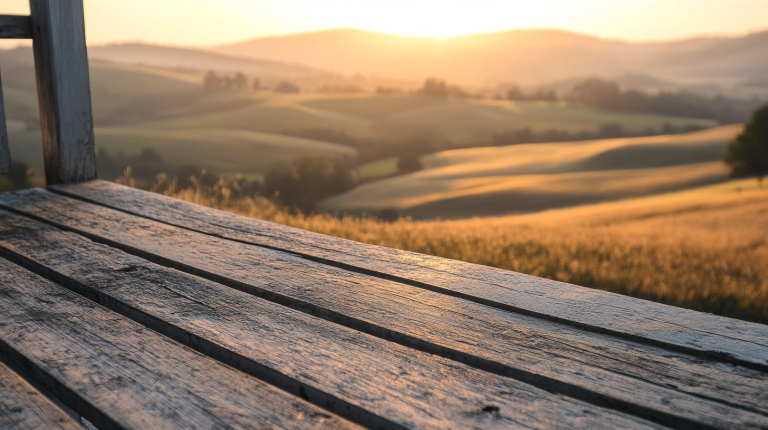 First-person view from a weathered wooden front porch at first light, looking across a long valley of low rolling hills under warm golden morning mist, representing the patient long-horizon view that compounds into TSP millionaire status.