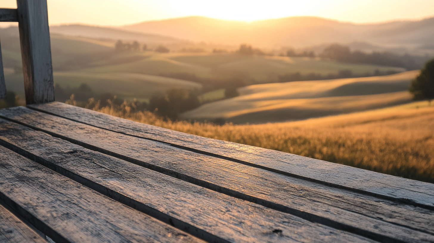 First-person view from a weathered wooden front porch at first light, looking across a long valley of low rolling hills under warm golden morning mist, representing the patient long-horizon view that compounds into TSP millionaire status.