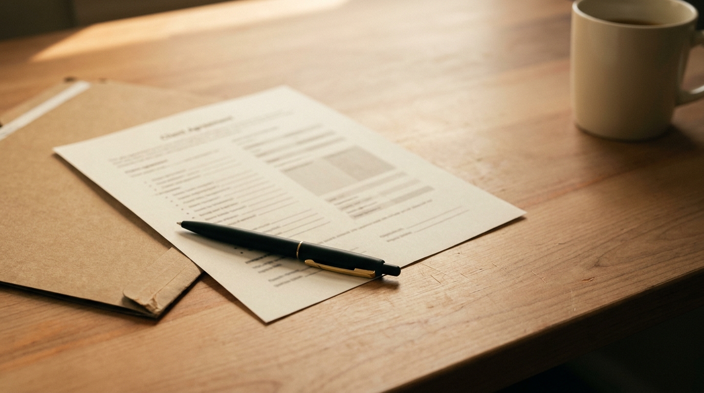 A printed client retainer agreement lies askew on a warm light walnut desk in early morning light, a gold clip pen resting across it and a worn kraft file folder beneath, the standing paperwork behind how much do virtual assistants charge and when that rate gets revised.
