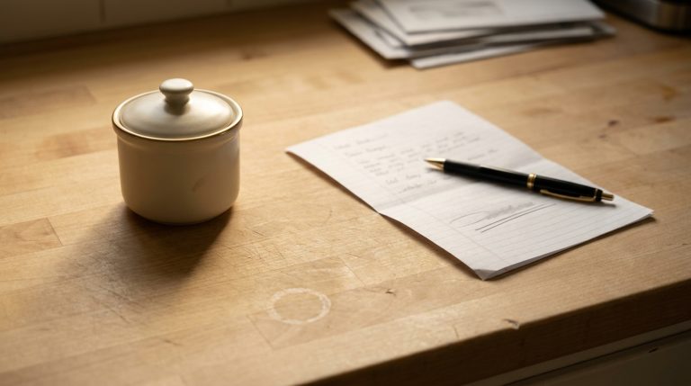 A small lidded cream ceramic jar sitting apart on a light butcher block kitchen counter in single-source morning window light, next to a folded sheet of lined paper with the bottom figure underlined twice and a pen set down across it, the settled moment after one household answered how much should I have in emergency fund.