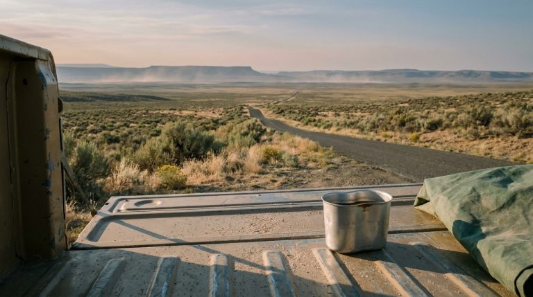First person view out over the open tailgate of a parked pickup at a high desert basin overlook in late afternoon, a dented aluminum canteen cup and a folded canvas tarp resting on the worn steel, a two lane road running out across sage flats toward a hazy distant mesa, the vantage of a reader working out whether a military pension is taxable and what is left to plan on.