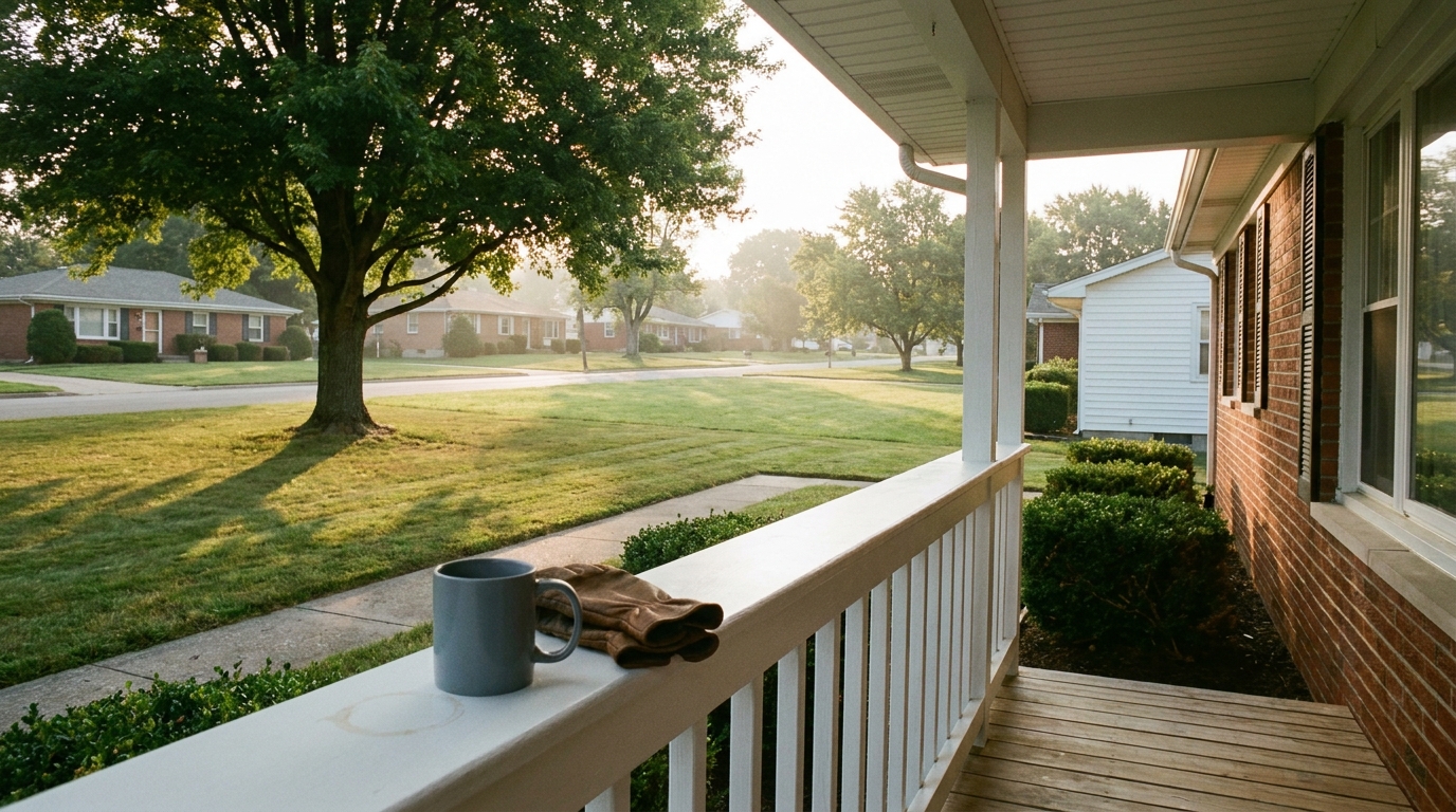 First person view from the covered front porch of a well kept single story brick home on a summer morning, a slate ceramic mug and a folded pair of leather work gloves resting on a clean white rail, a freshly mown lawn and a quiet tree lined street beyond fading into light morning haze, the everyday place a reader searching for states that don't tax military retirement is actually deciding about.